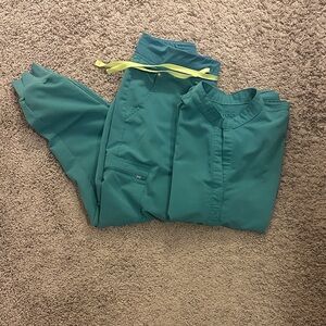 Figs Women's Teal Scrub Set with Neon Yellow Drawstring
